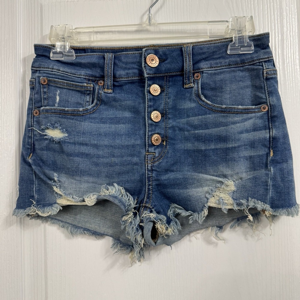 American Eagle Women's Size 2 High‎ Rise Shortie Denim Shorts Button Fly Cut Off